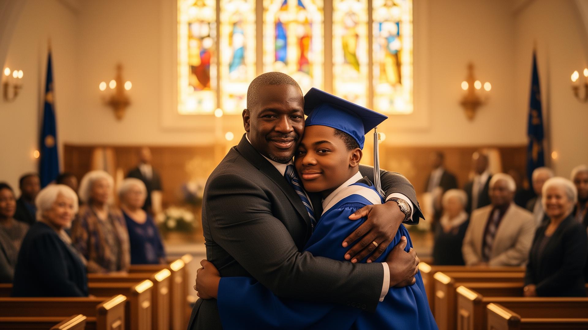 Father and graduate celebrating in church